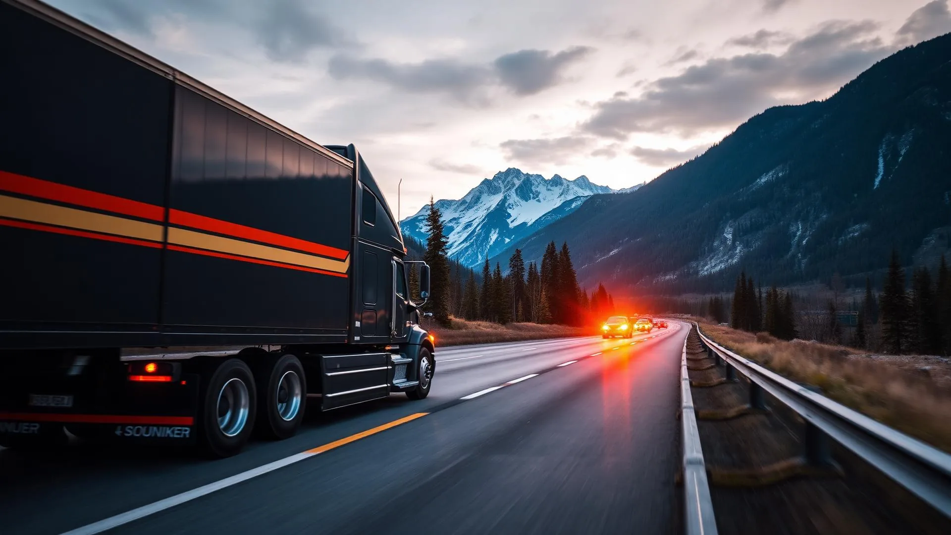 Commercial semi-truck on a BC mountain highway at dawn